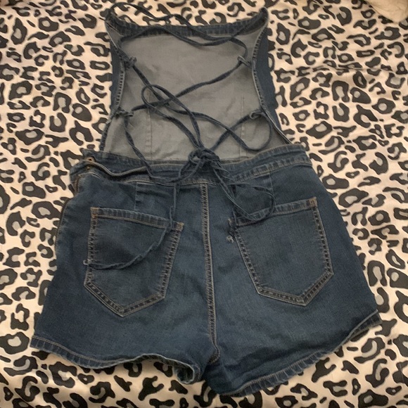 Lace Up Backless Denim Romper - Picture 2 of 5